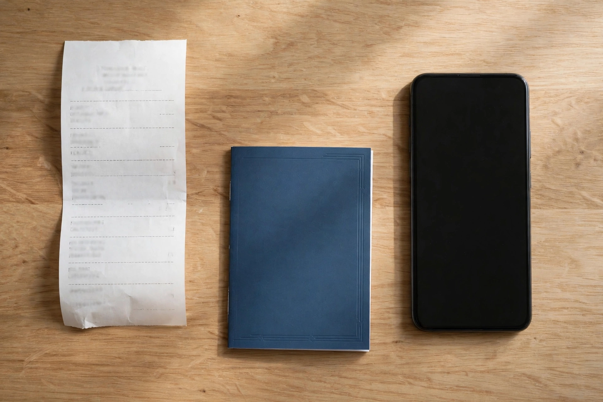 A store receipt and warranty booklet laid out on a desk beside a phone