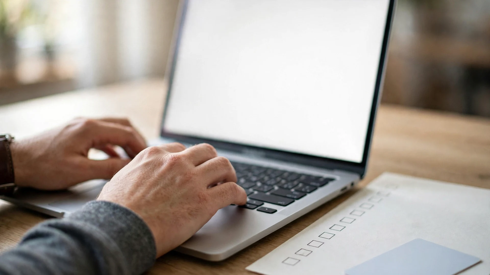 Hands typing on a laptop beside a paper checklist and a blank student card