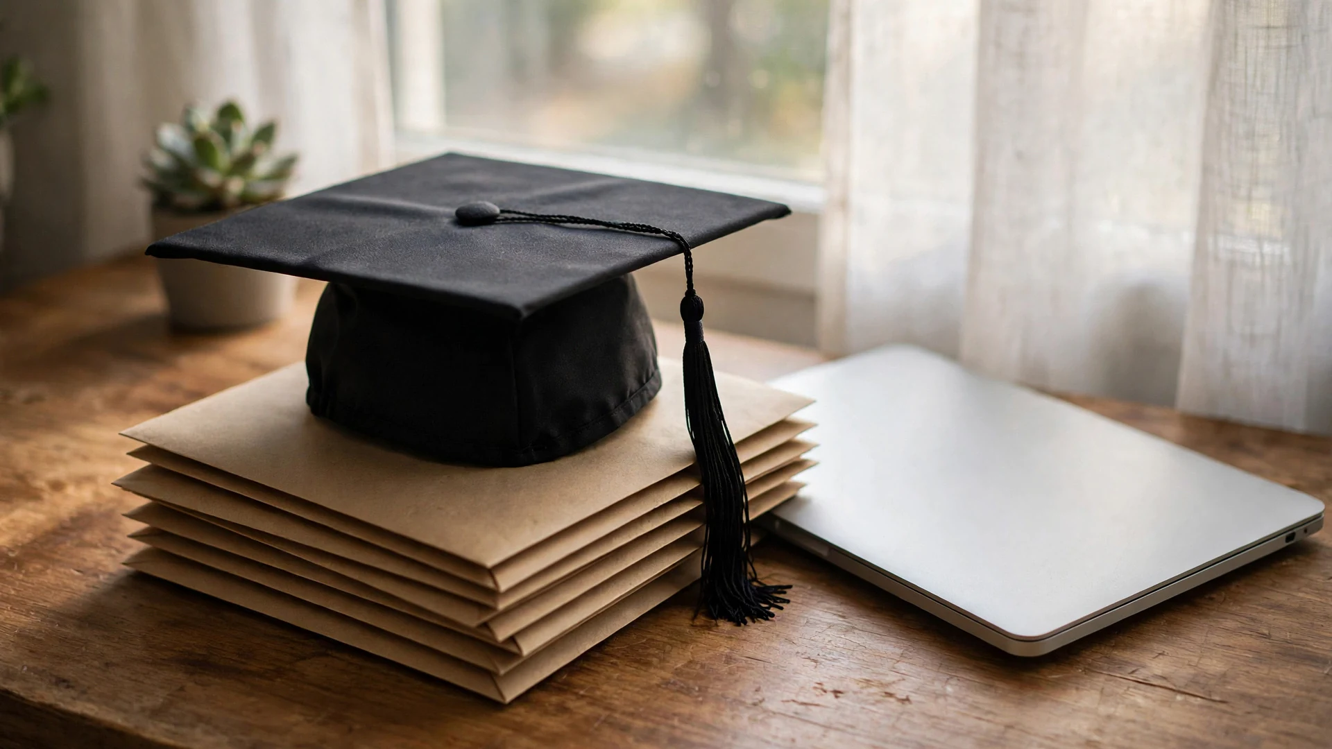 A graduation cap resting on a stack of sealed envelopes beside a closed laptop