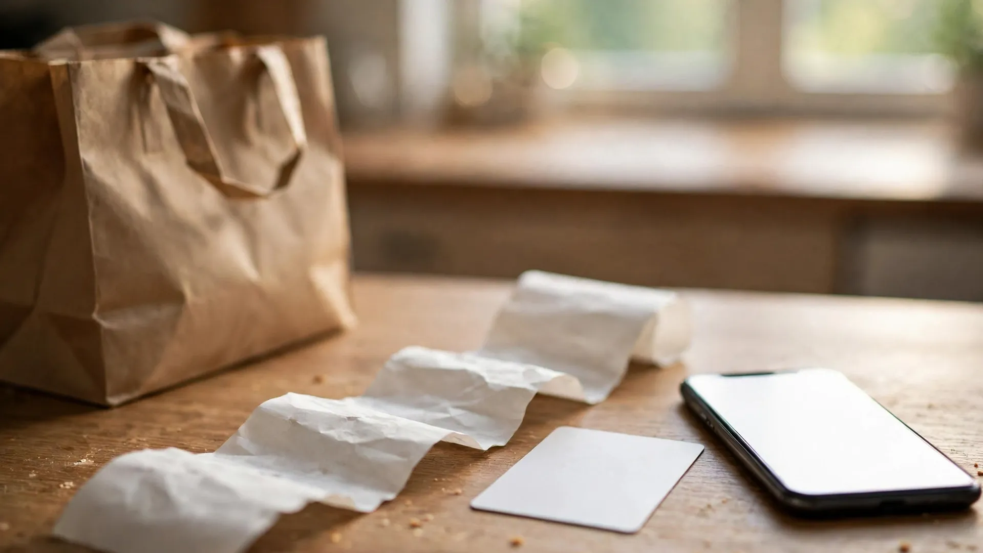 A long grocery receipt and a blank loyalty card on a kitchen counter beside a phone