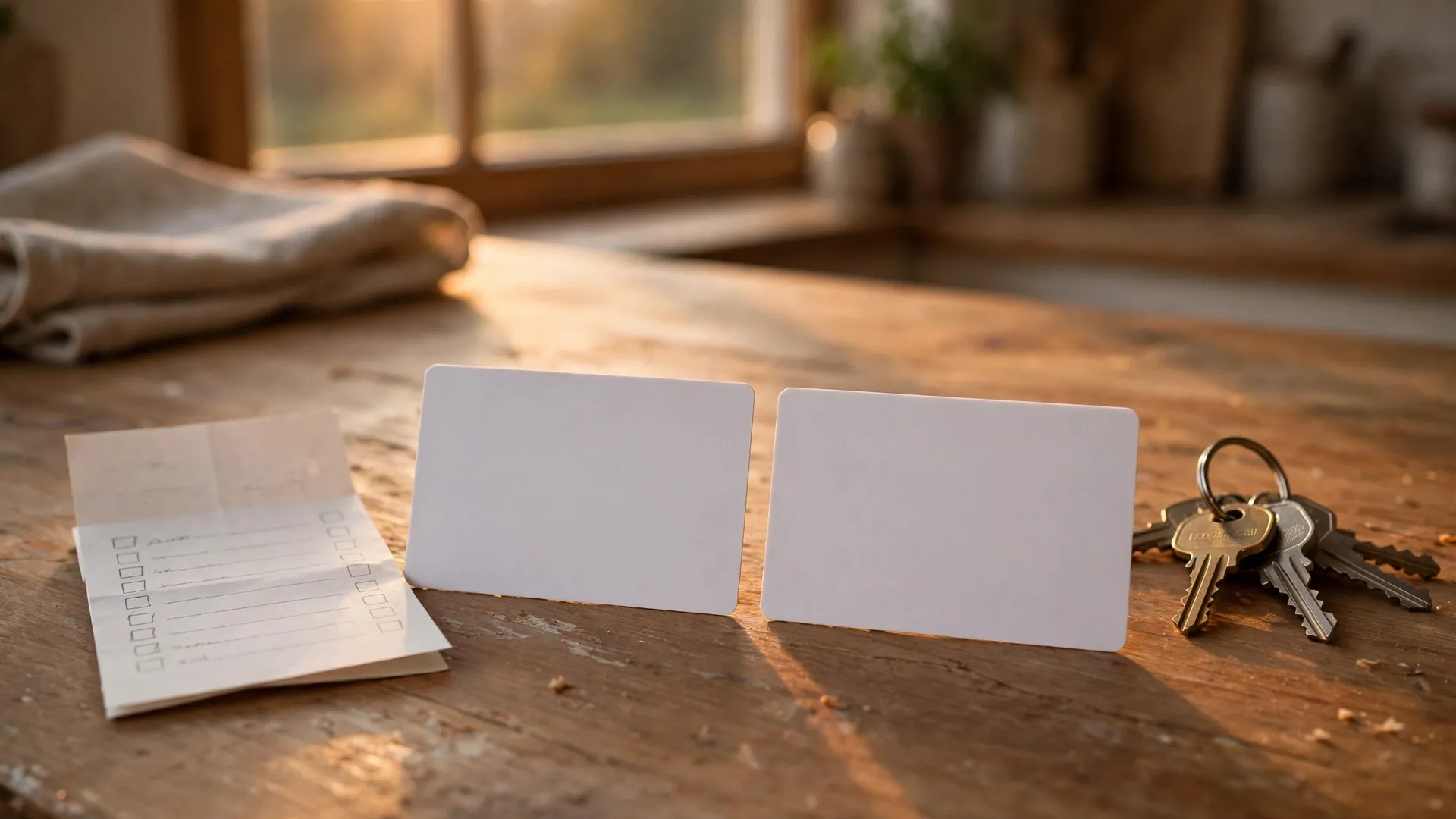 Two blank loyalty cards on a kitchen table, one beside a grocery list and one beside house keys