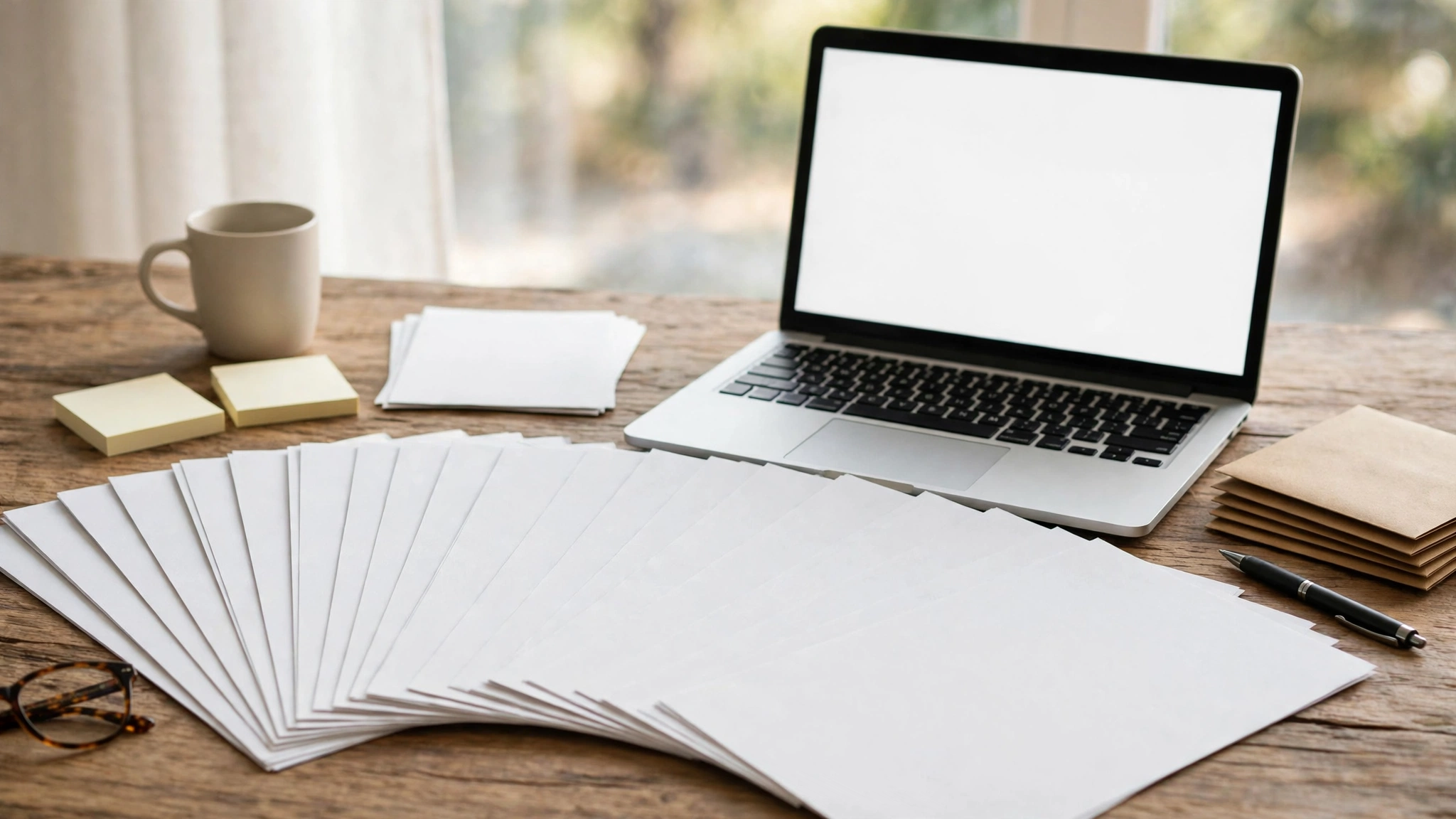 A desk covered with fanned-out loan offer letters from many different lenders beside a laptop and envelopes