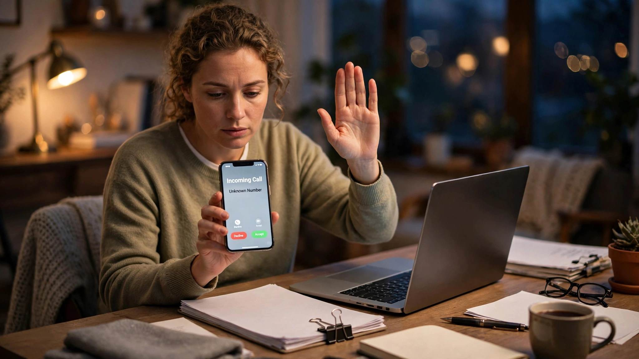 A person at a desk holding a phone showing an incoming call from an unknown number, raising the other hand to silence it