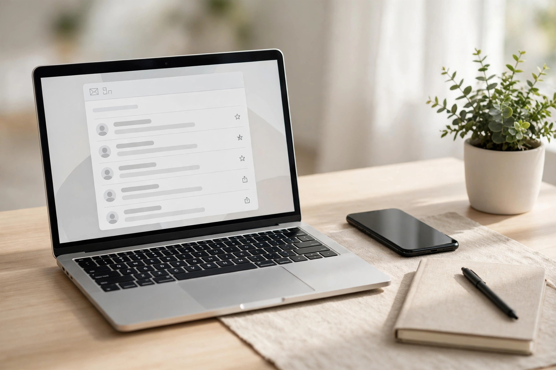 A clean desk with a laptop showing a dedicated permanent inbox for social media accounts