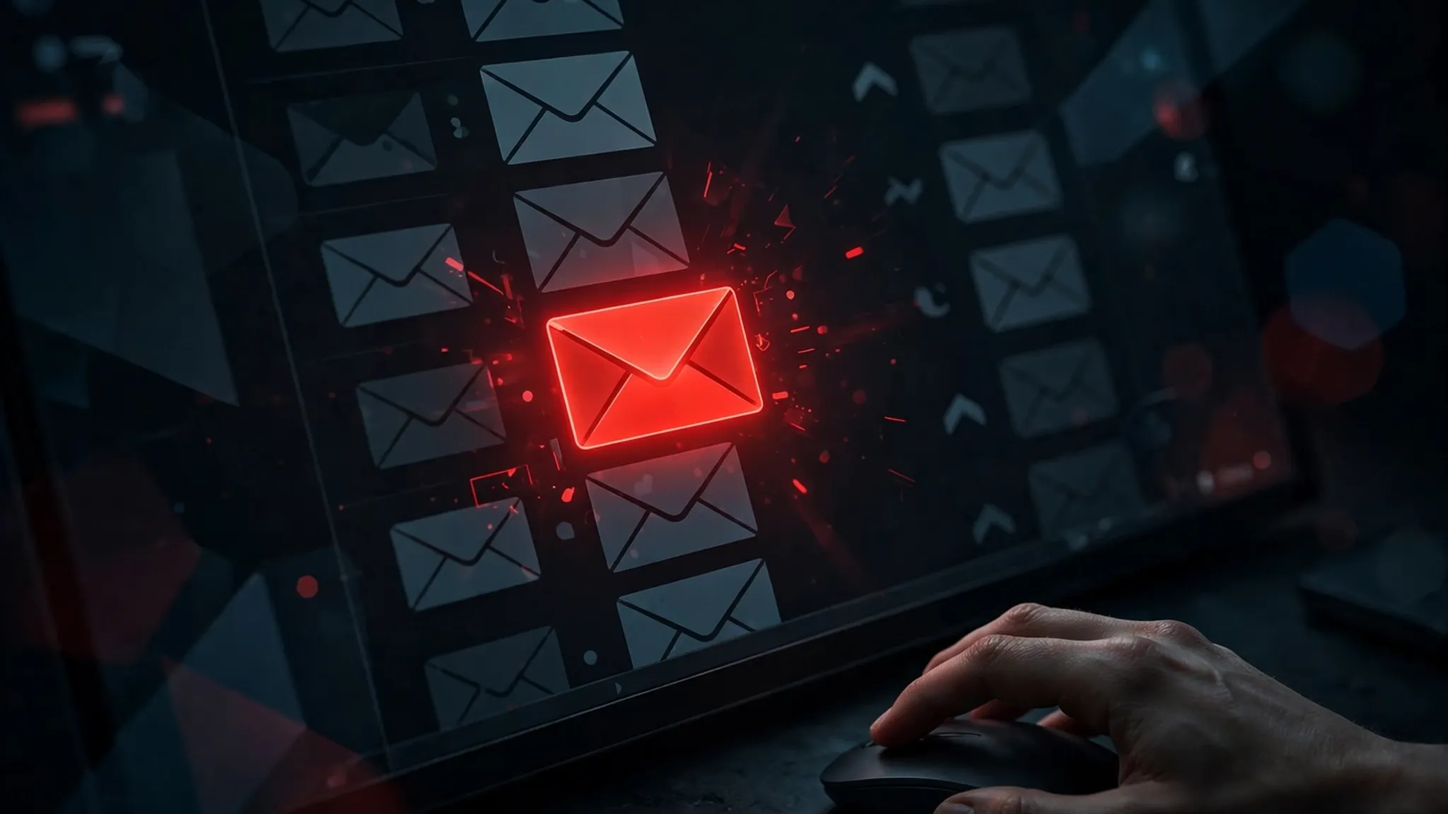 An email inbox where one envelope glows red and suspicious among ordinary envelopes