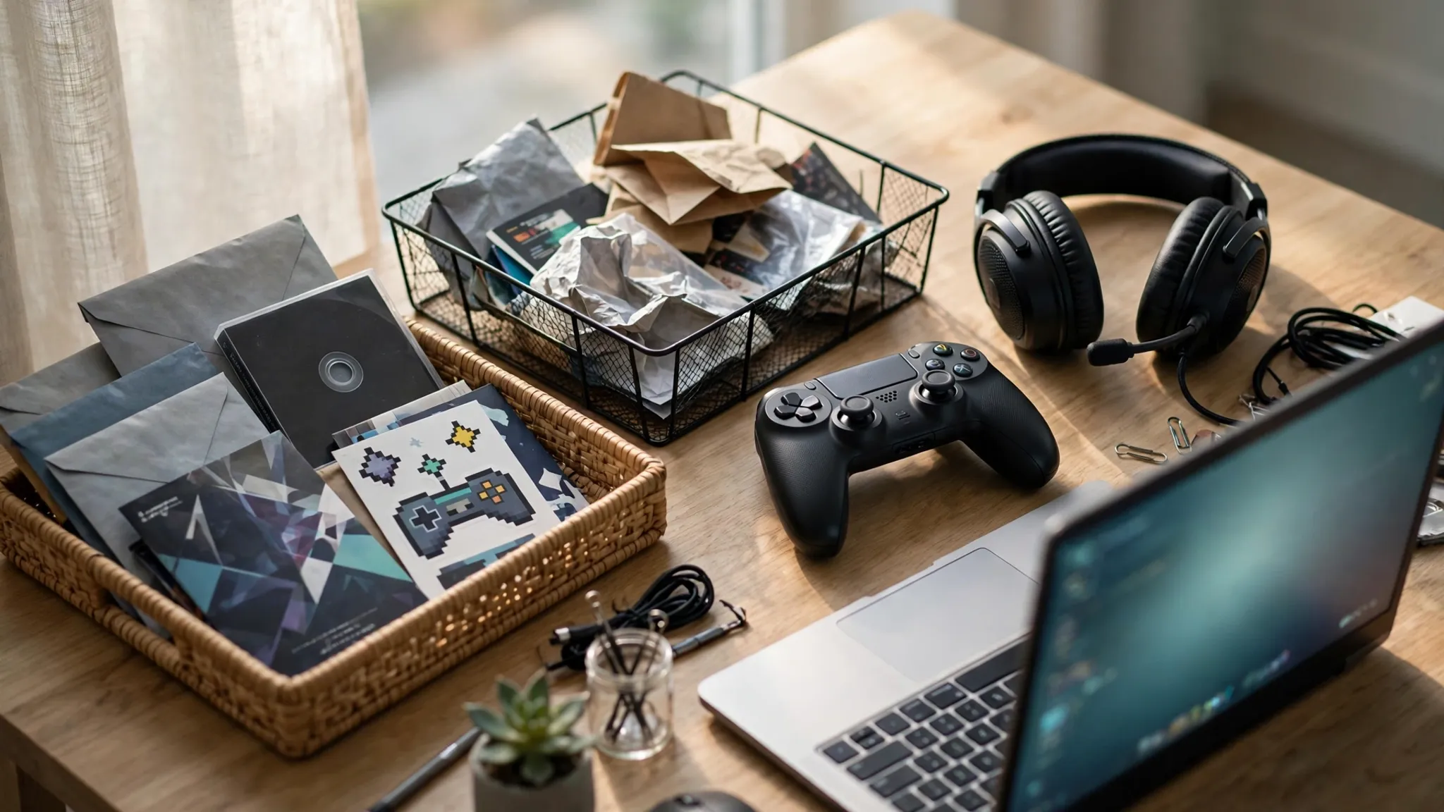 A gamer sorting game-related mail into keep and discard trays at a tidy desk