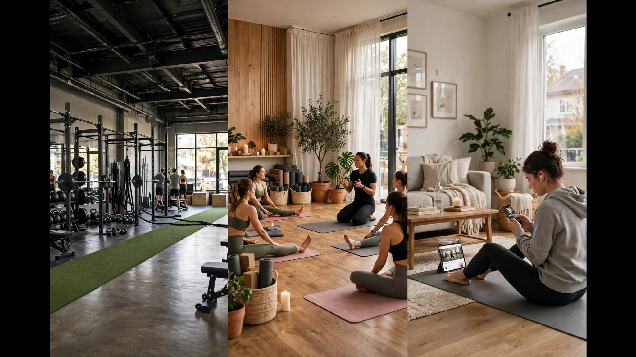 A big-box gym floor, a small studio class, and a home phone workout side by side