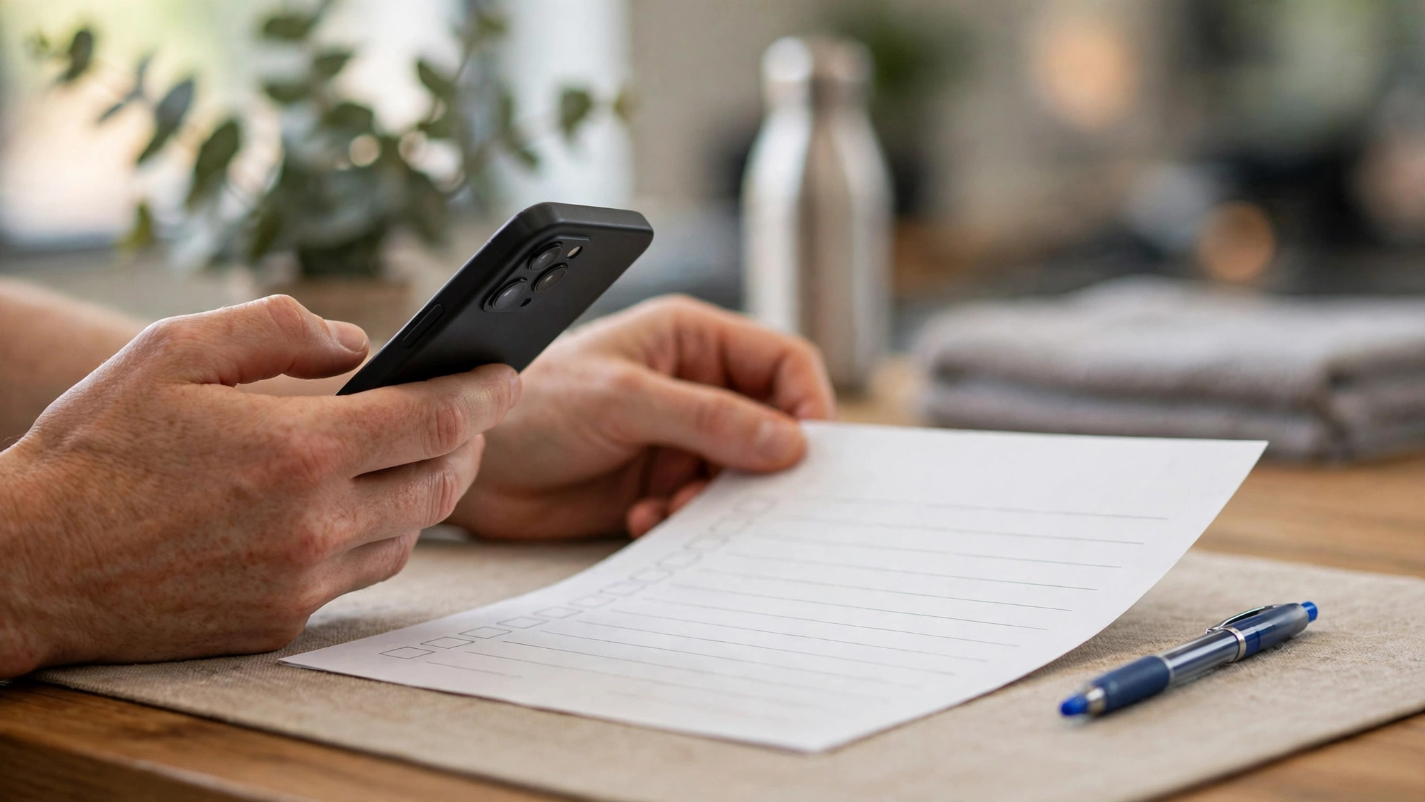 Hands holding a phone over a printed gym membership form at a reception desk