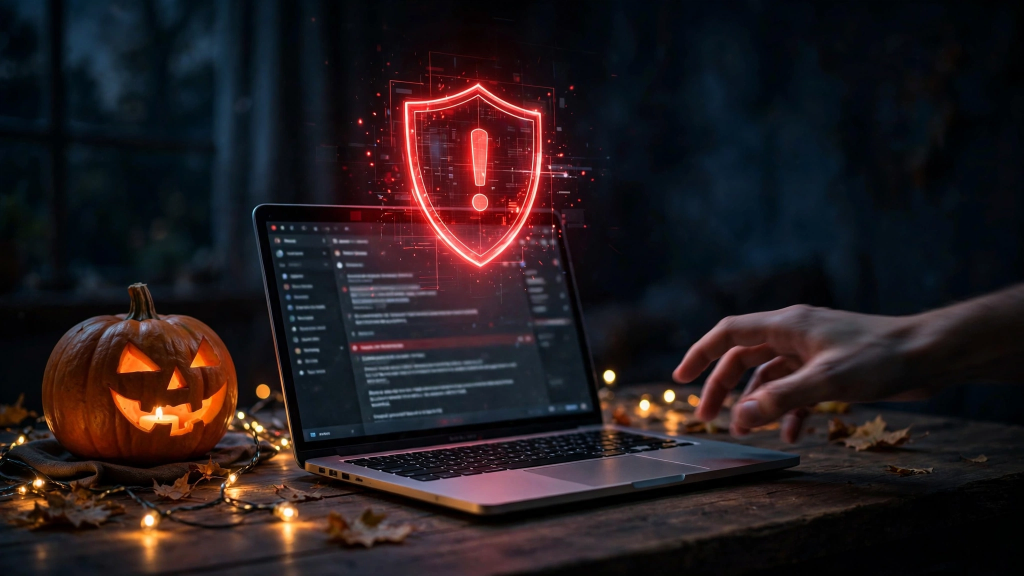 A laptop showing a suspicious Halloween party invitation email with a red warning shield above the screen