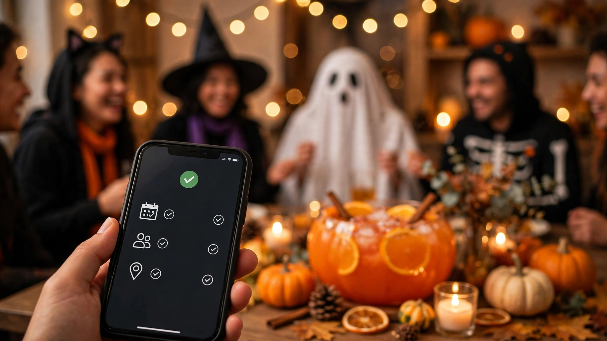 A phone showing a Halloween costume party RSVP confirmation with costumed guests and a pumpkin punch bowl behind it