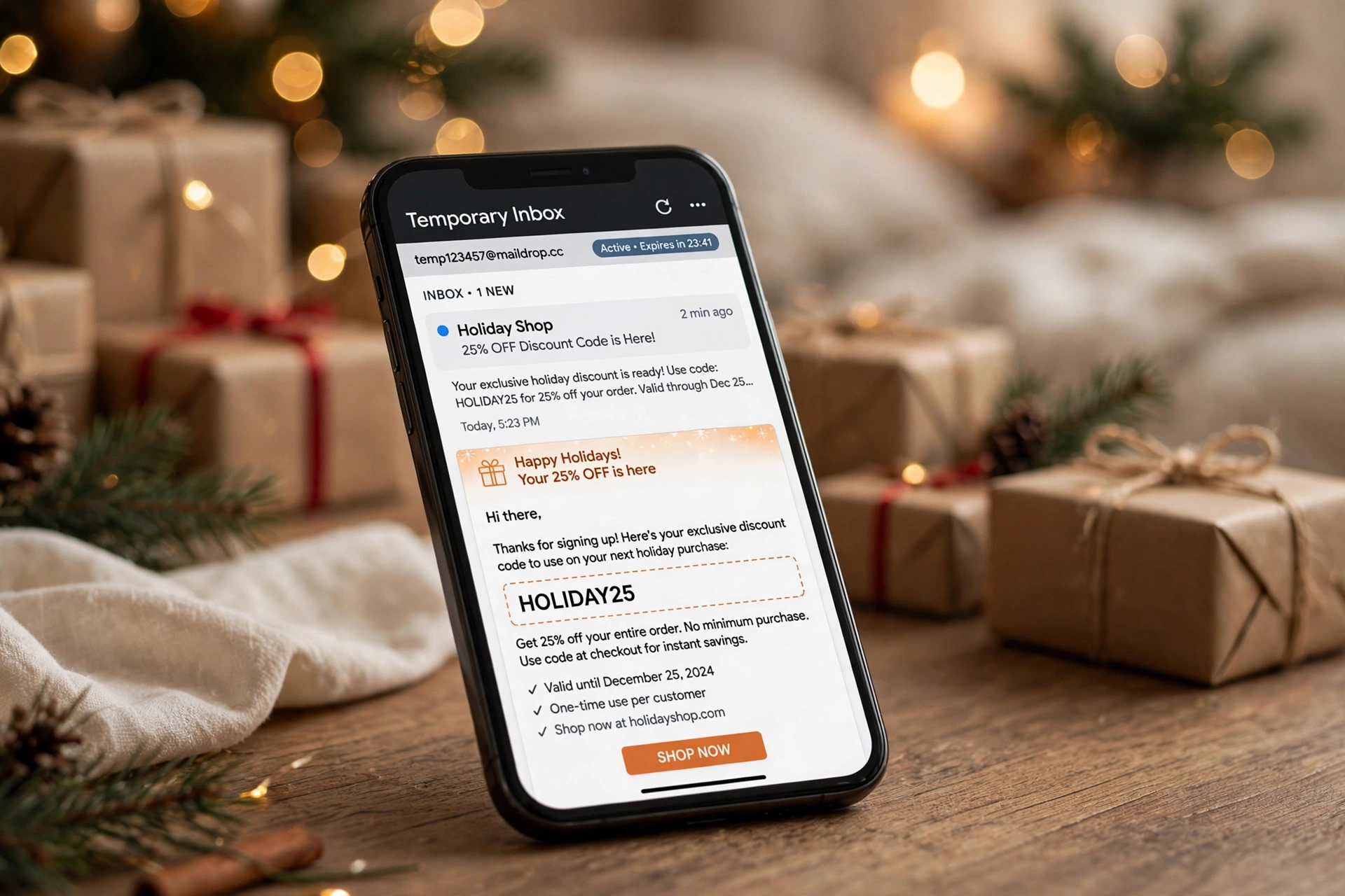 Discount code arriving in a temporary email inbox with holiday gifts nearby