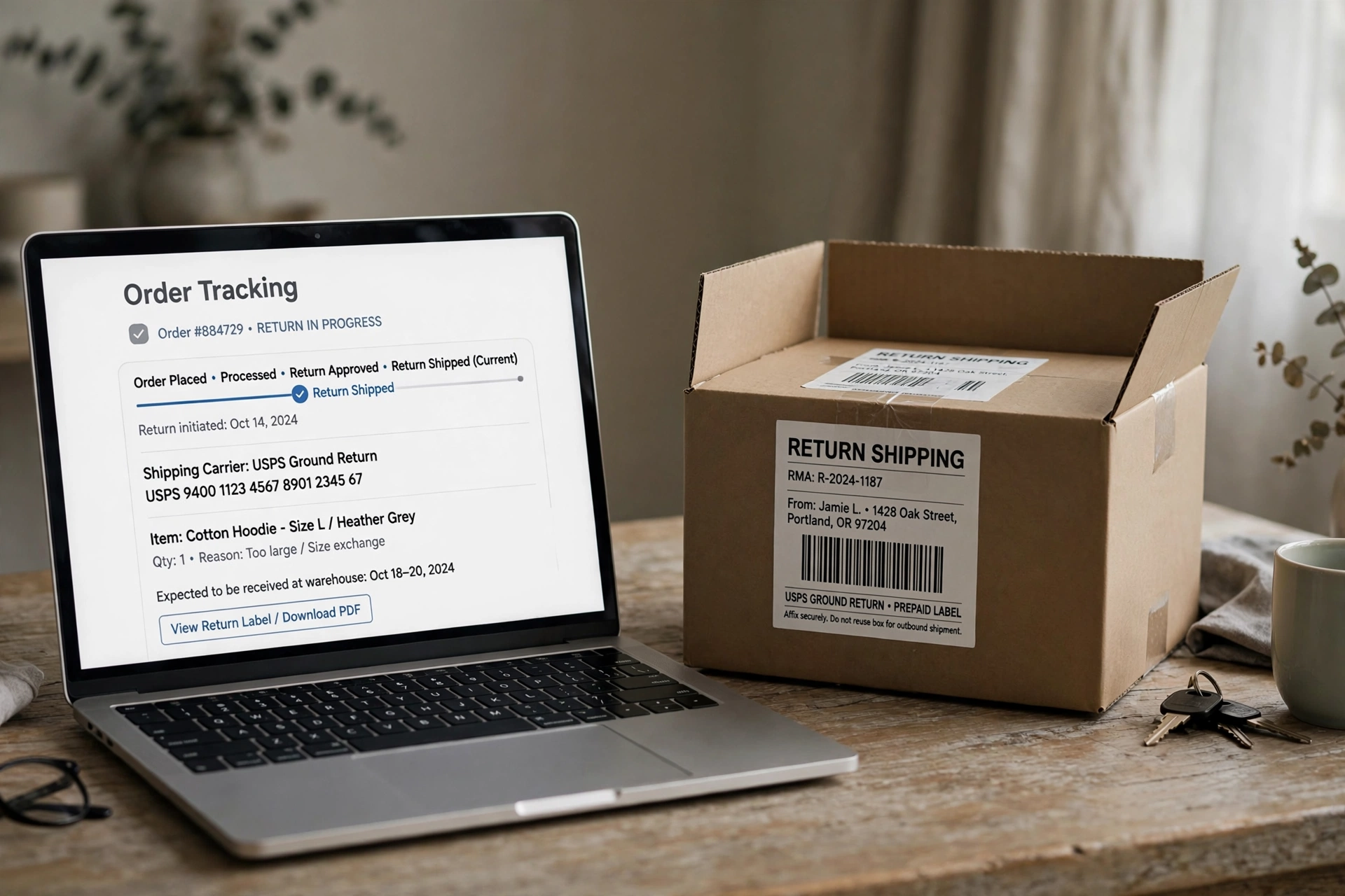 Order tracking page beside a return shipping box showing where temp mail backfires