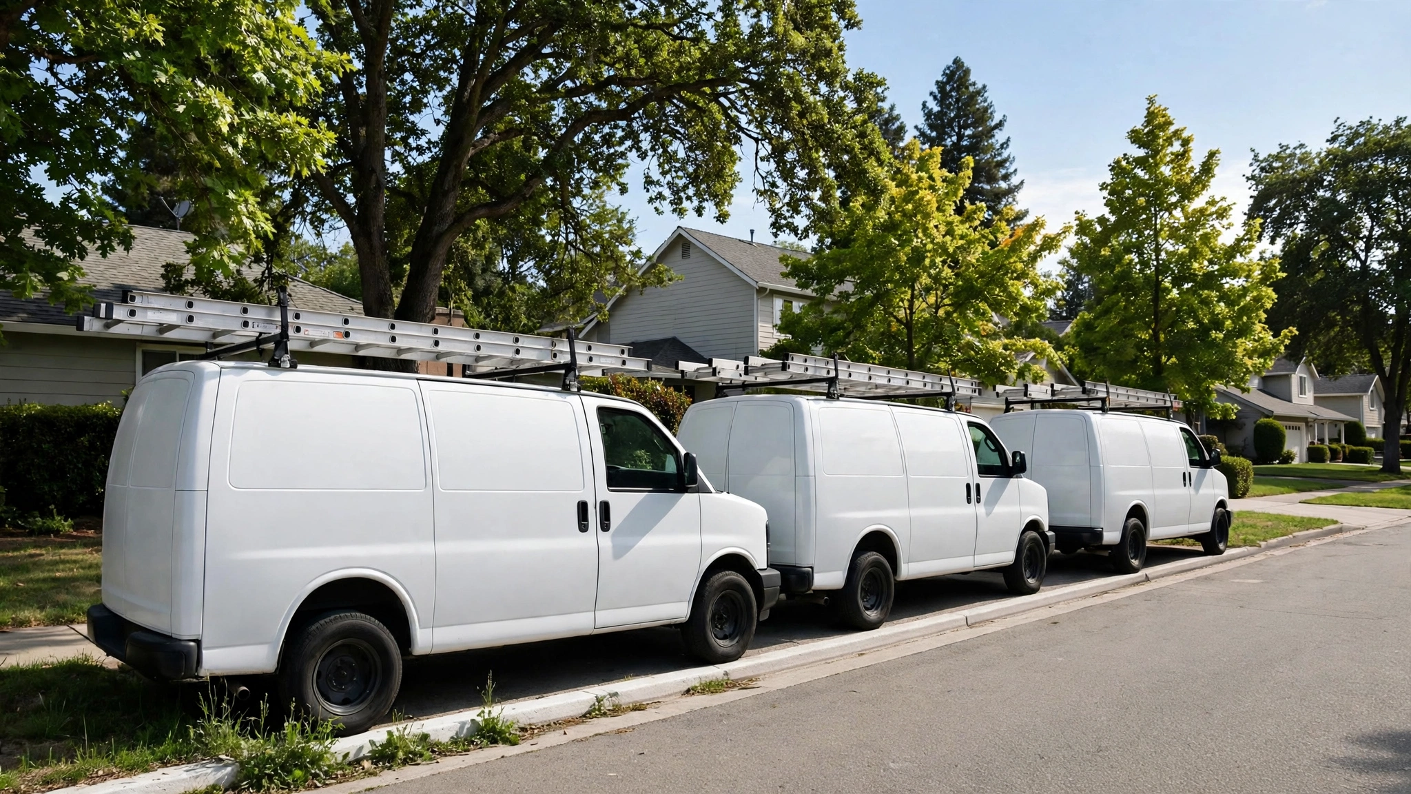 Three plain white work vans parked in a row on a suburban street