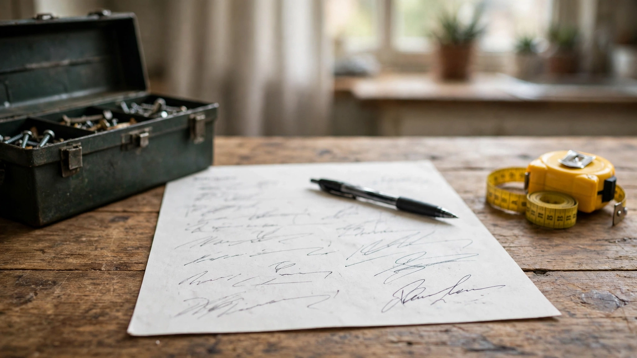 A home repair estimate with a pen on a kitchen table beside a toolbox and tape measure