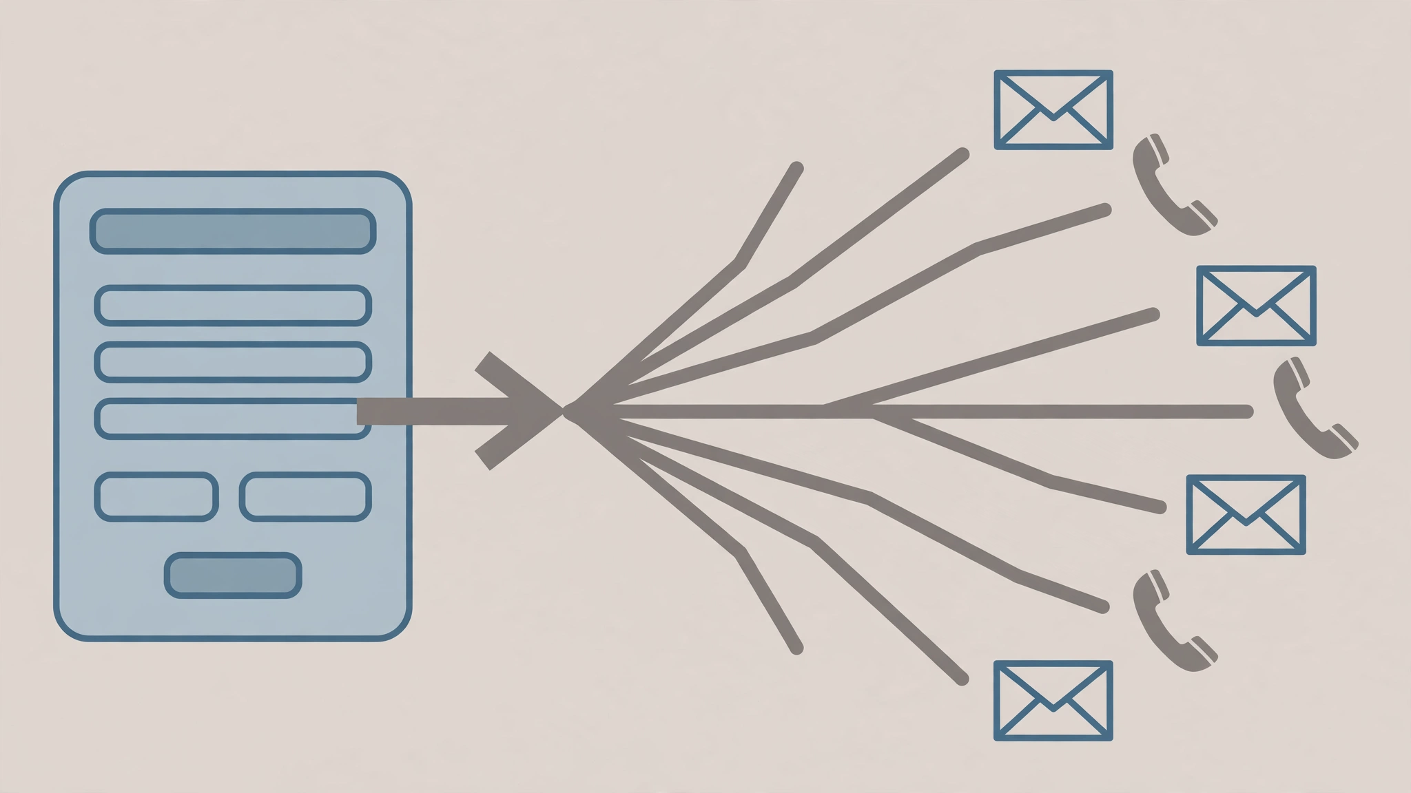 Diagram showing how one insurance quote form fans out to many sellers through envelopes and phone icons