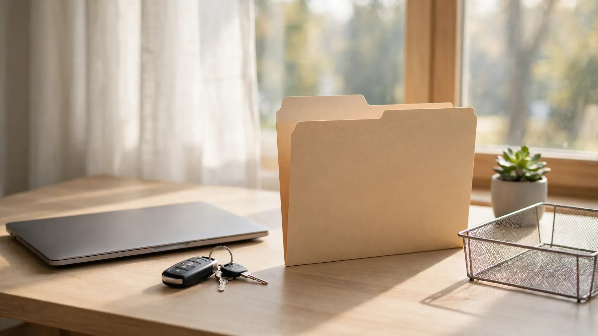 A tidy desk with a closed laptop and car keys, showing a finished insurance purchase and a clean inbox