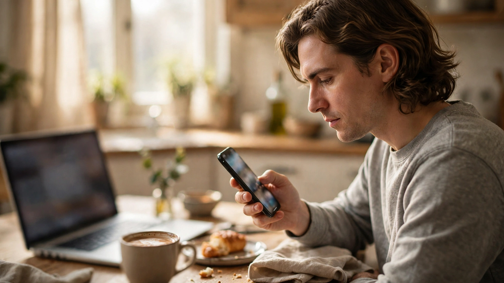 A person reading on a smartphone at a kitchen table in morning light with a laptop and coffee nearby