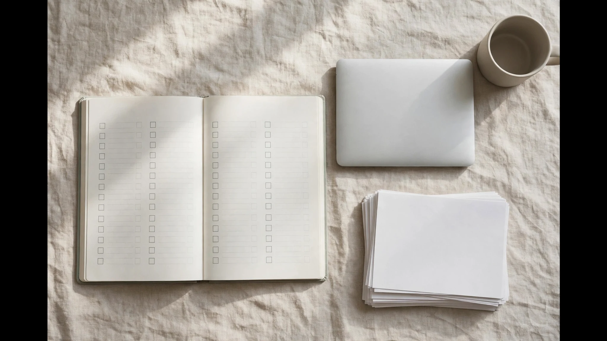 Overhead view of a tidy desk with a weekly planner, laptop, mug and a stack of printed newsletters
