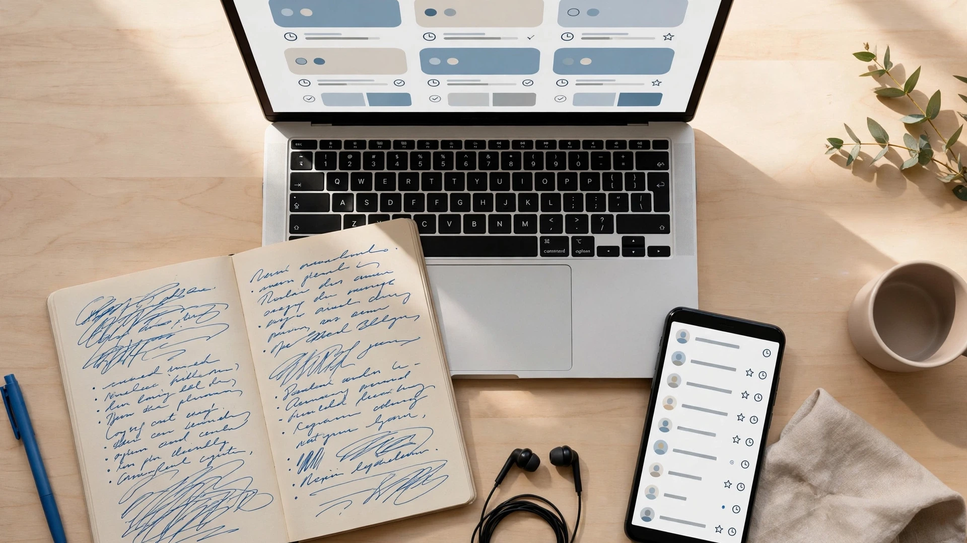 A clean desk with a laptop showing a course catalog, a notebook and a phone, illustrating the audit-first trial workflow