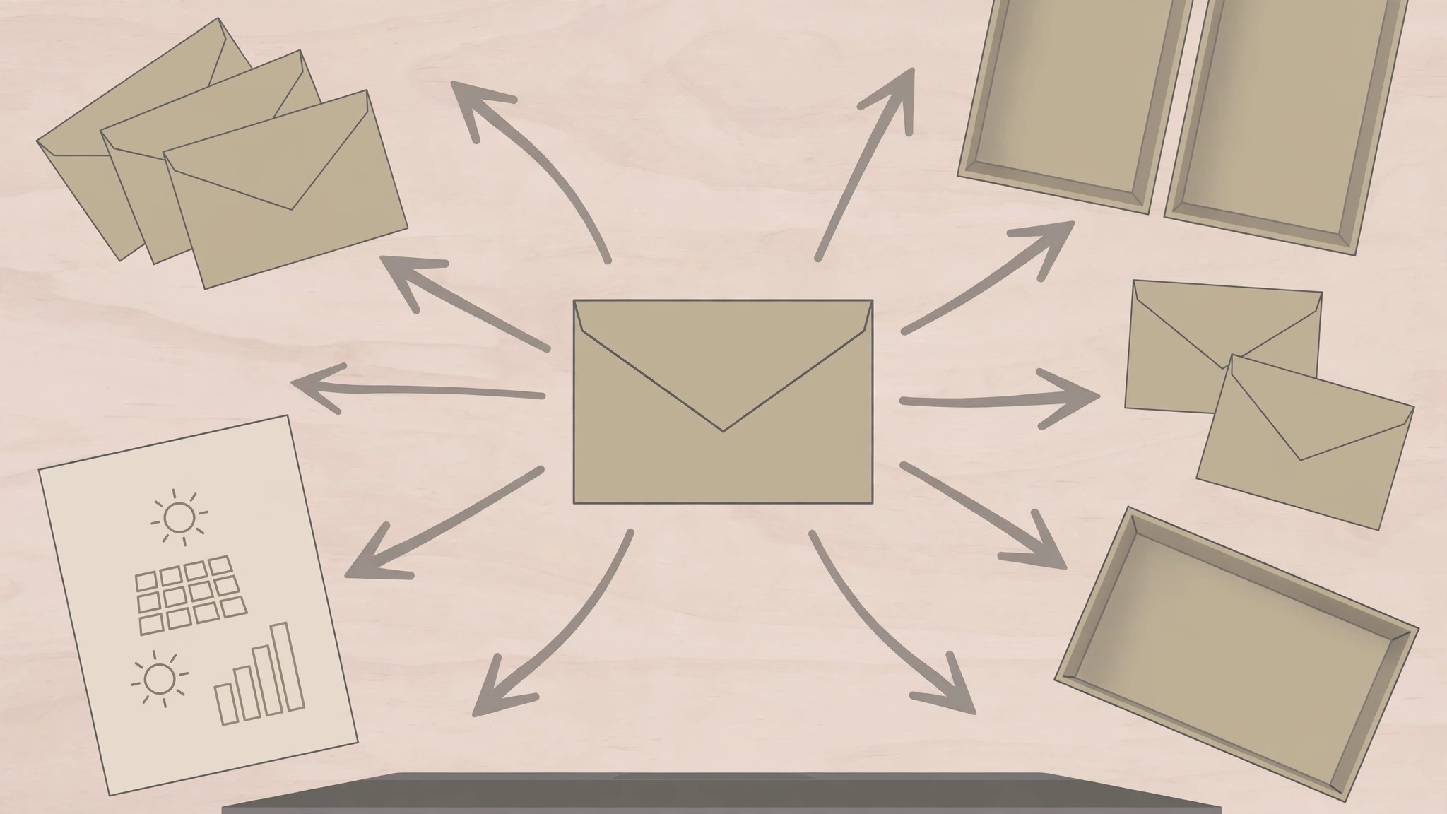 One envelope fanning out into many envelopes and inbox trays, illustrating a shared solar lead