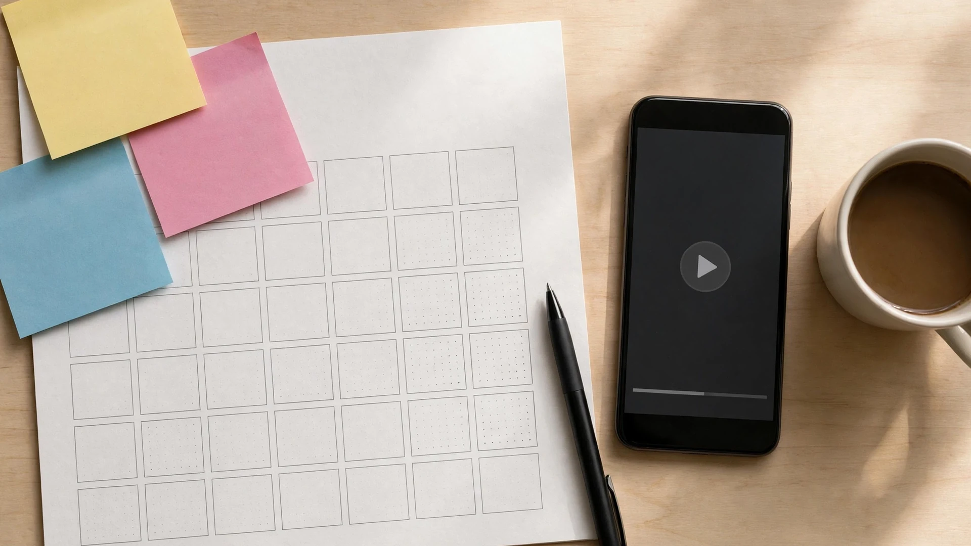 Desk calendar with blank sticky notes, a phone showing a video player, and a coffee mug