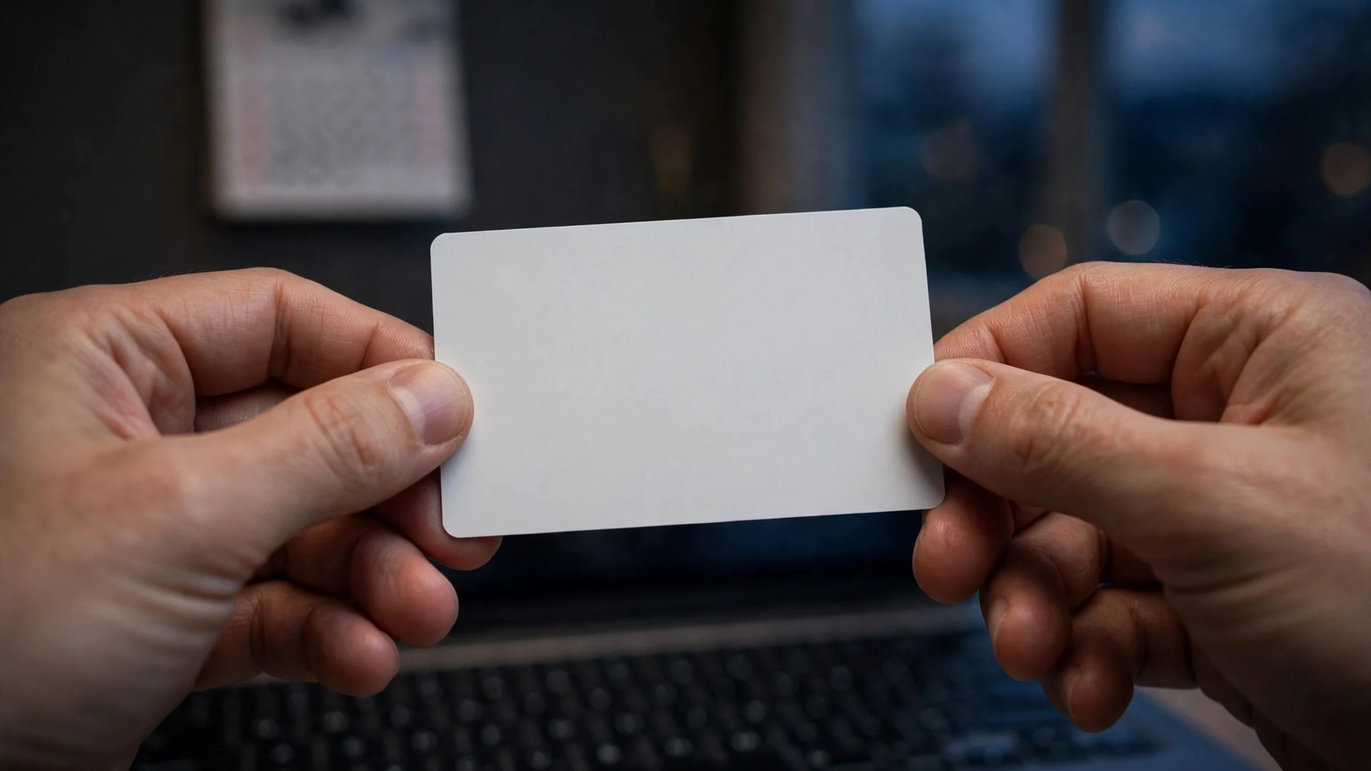 Hands holding a blank credit card over a laptop keyboard