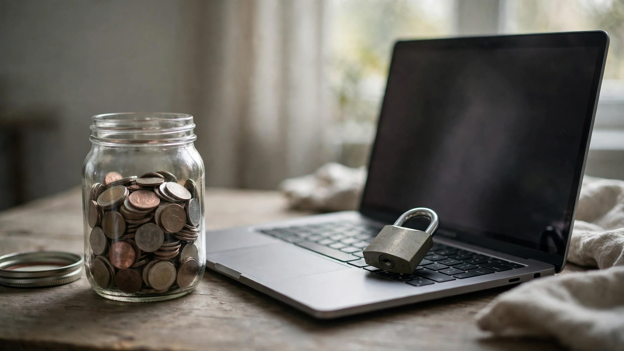 A jar of coins beside a laptop with a padlock on the keyboard, symbolizing points locked behind a lost inbox