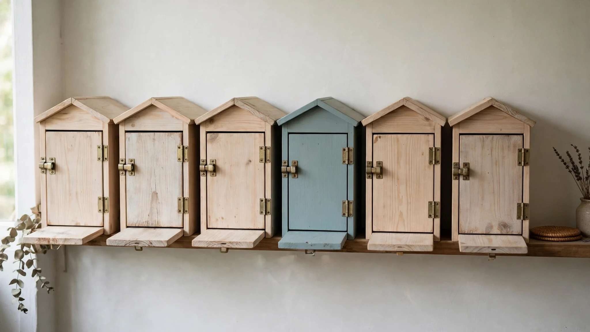 A row of small labelled mailboxes on a shelf, one standing out from the rest