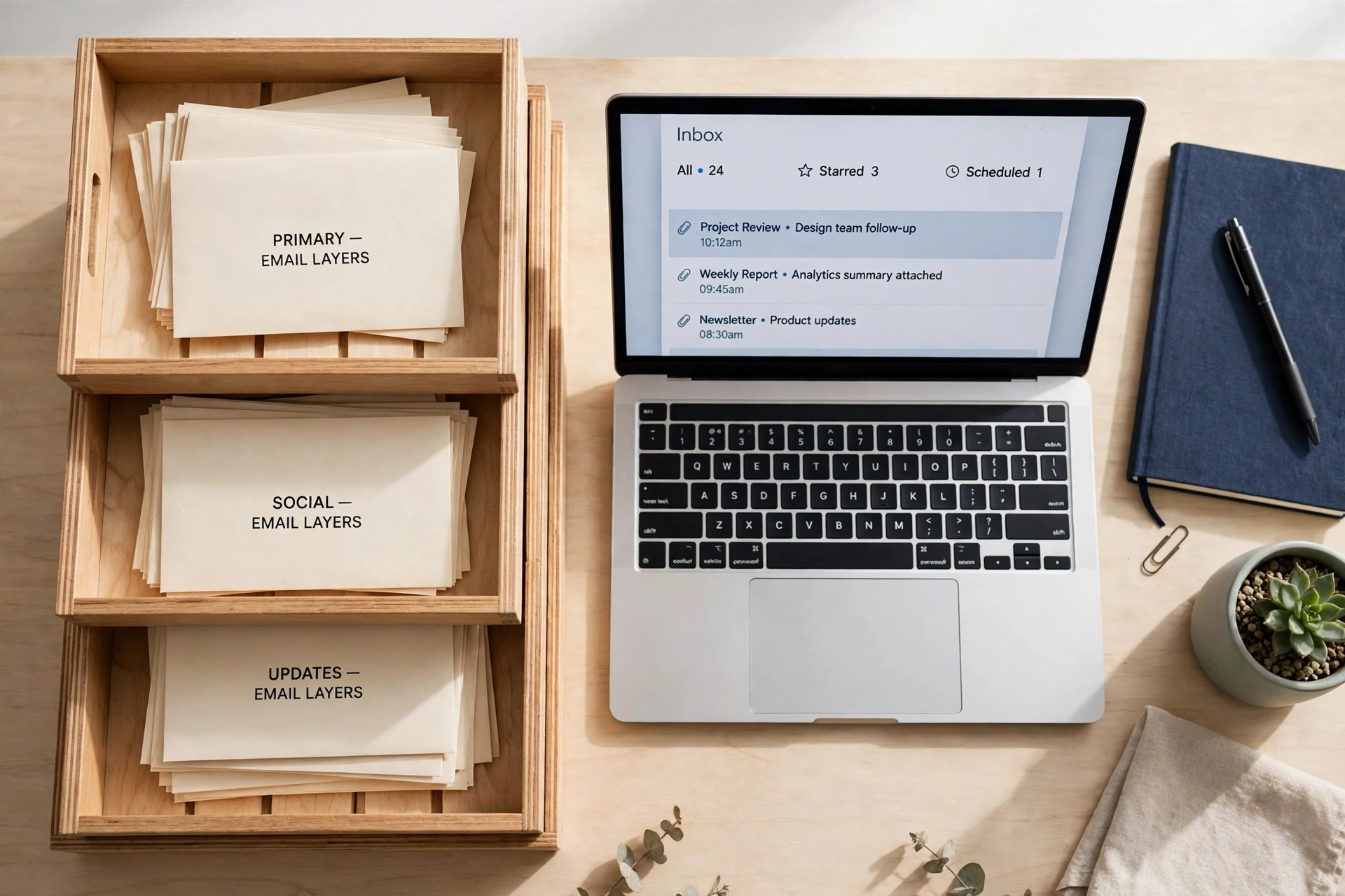 A desk with three layered trays representing burner, alias, and real inbox layers of an email privacy setup