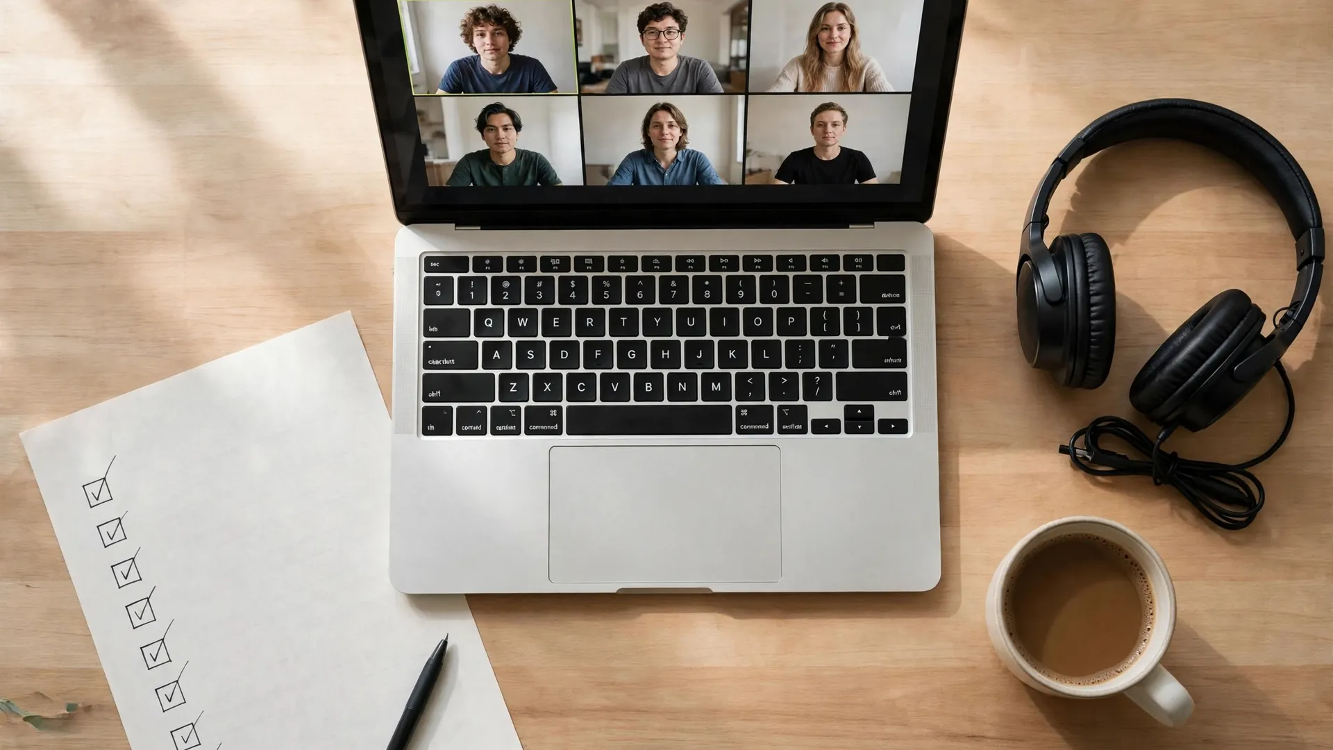 Overhead view of a desk with a laptop showing a video call, a paper checklist, headphones and a mug