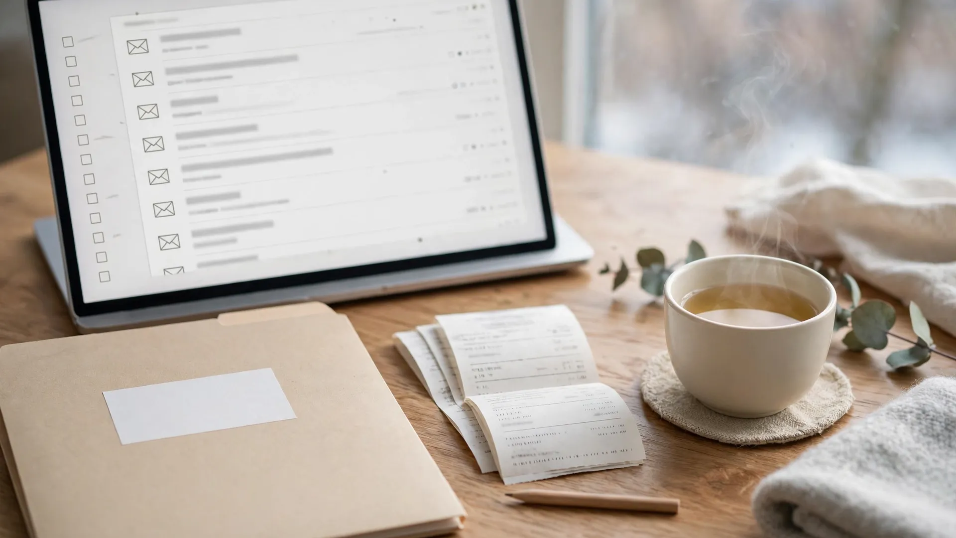 A tidy desk with a folder, donation receipts, and a laptop showing a simple inbox beside a cup of tea