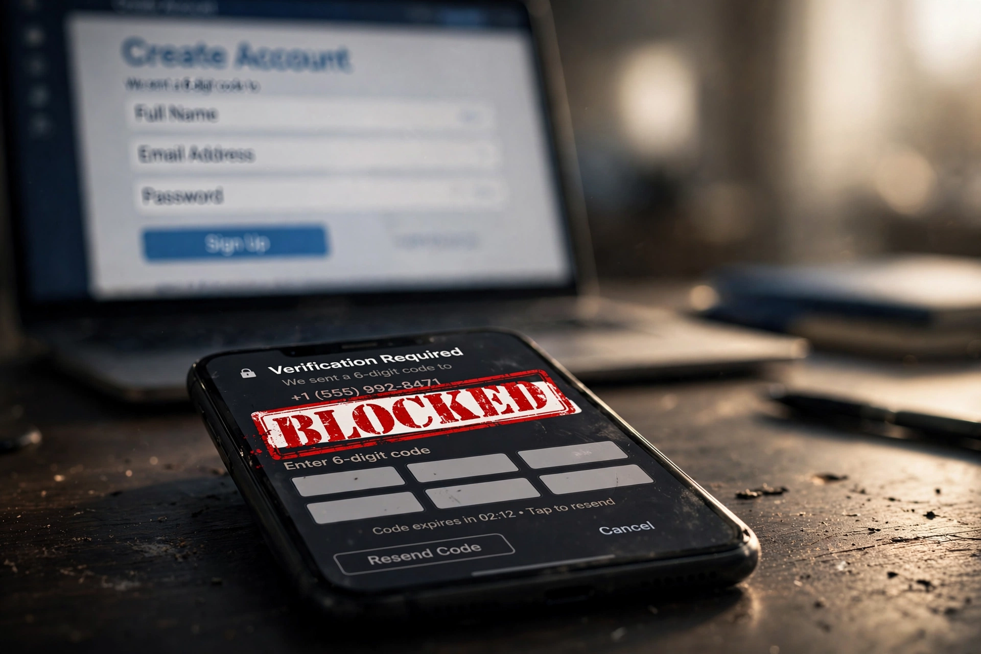 A smartphone showing an SMS verification code screen with a large red BLOCKED stamp over the phone number, a signup page blurred behind it