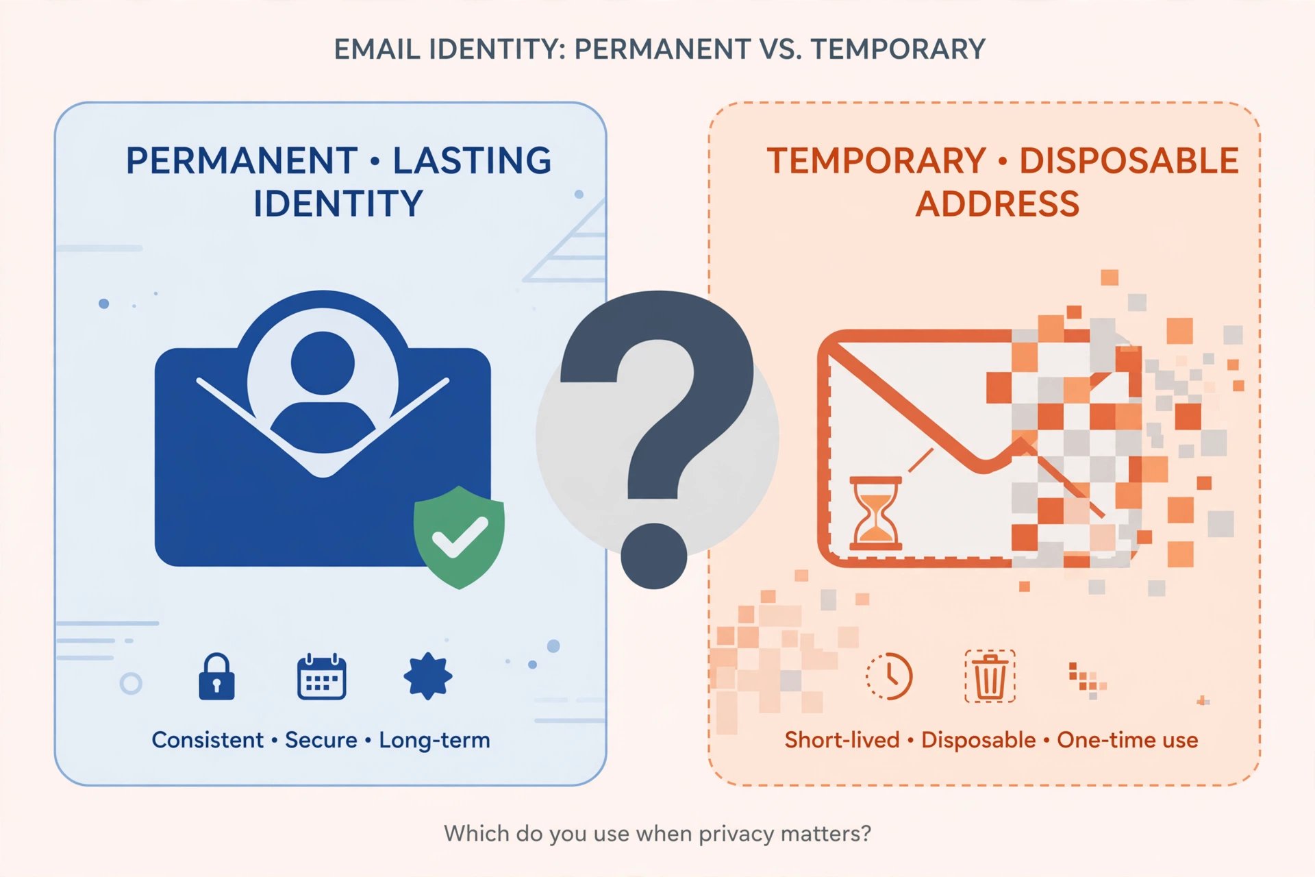 Split illustration: permanent lasting email identity on the left versus temporary disposable address on the right, with a question mark between them