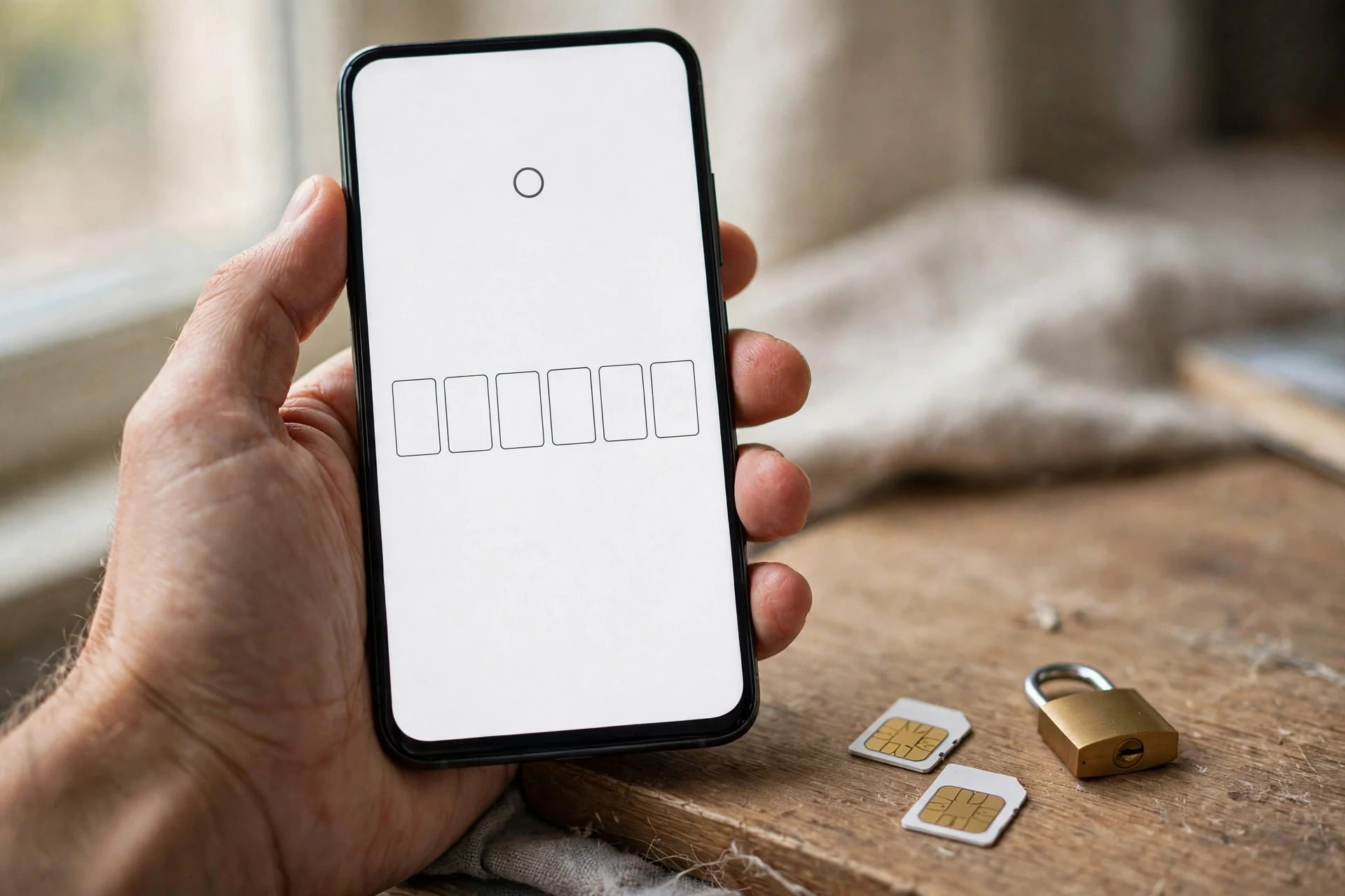 A phone asking for a number and a code, with SIM cards beside it — Tinder's signup gate is a phone number, not an email address
