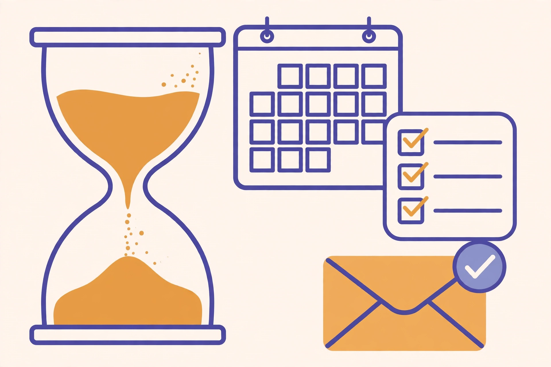 A large hourglass beside a calendar page and a checklist, with an envelope carrying a verification check badge