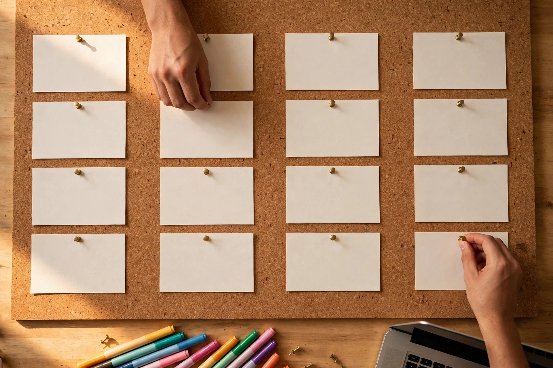 Hands pinning blank task cards onto a corkboard in columns — within a week a Trello board collects cards, comments and people, all reached through one email address
