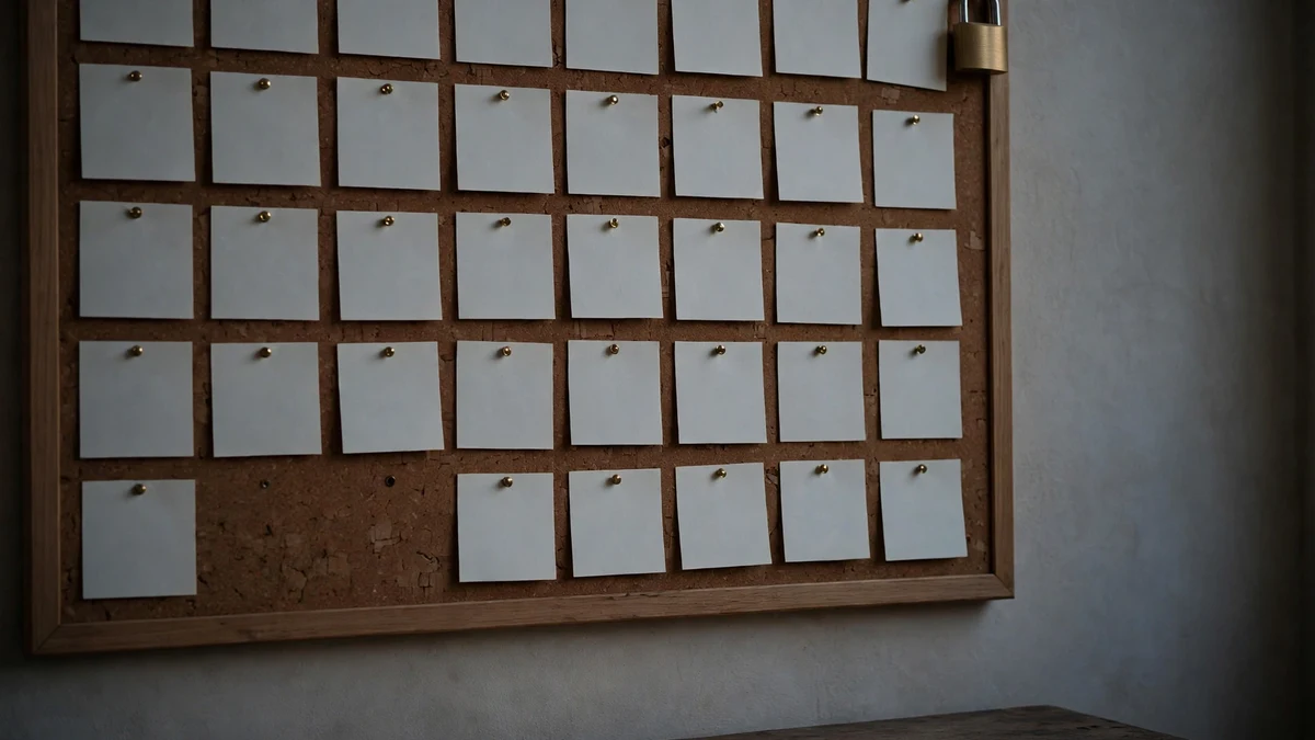 A corkboard of task cards with a padlock and one card slipped off — when the inbox behind a Trello account dies, the board stays but the way back in does not