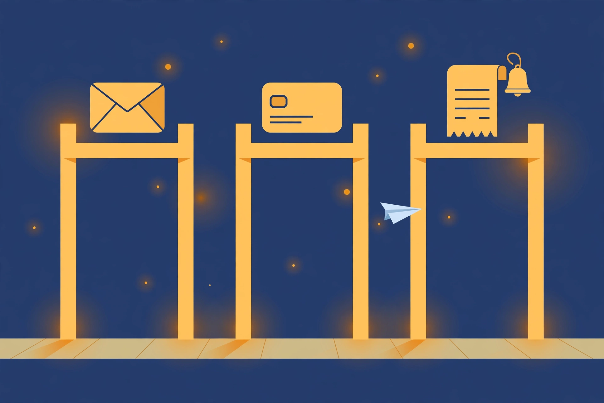 Three checkpoint gates in a row — an envelope, a credit card, and a receipt bell — with a paper airplane passing through each