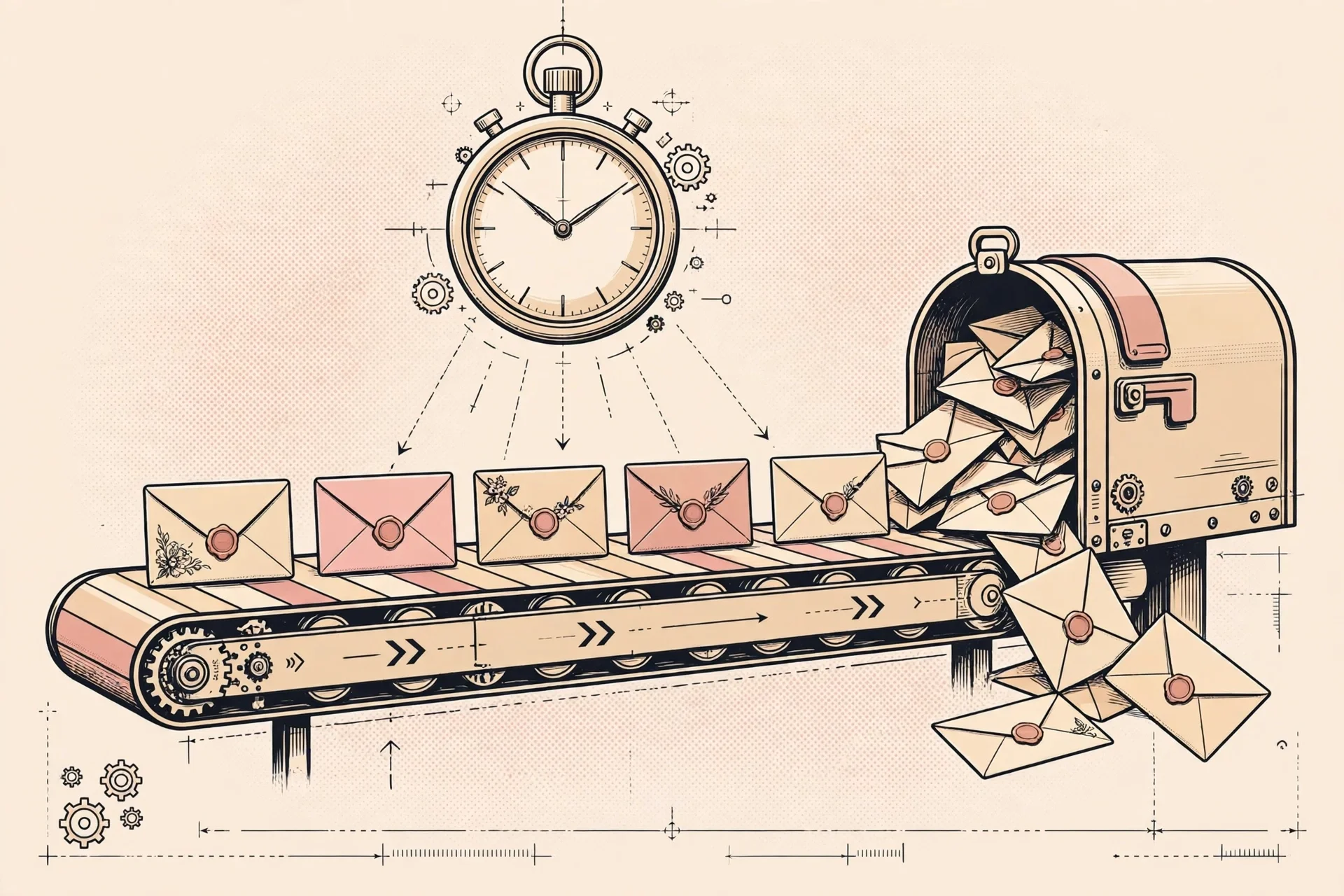 Wedding vendor follow-up envelopes on a conveyor belt rolling toward an overflowing mailbox beneath a stopwatch