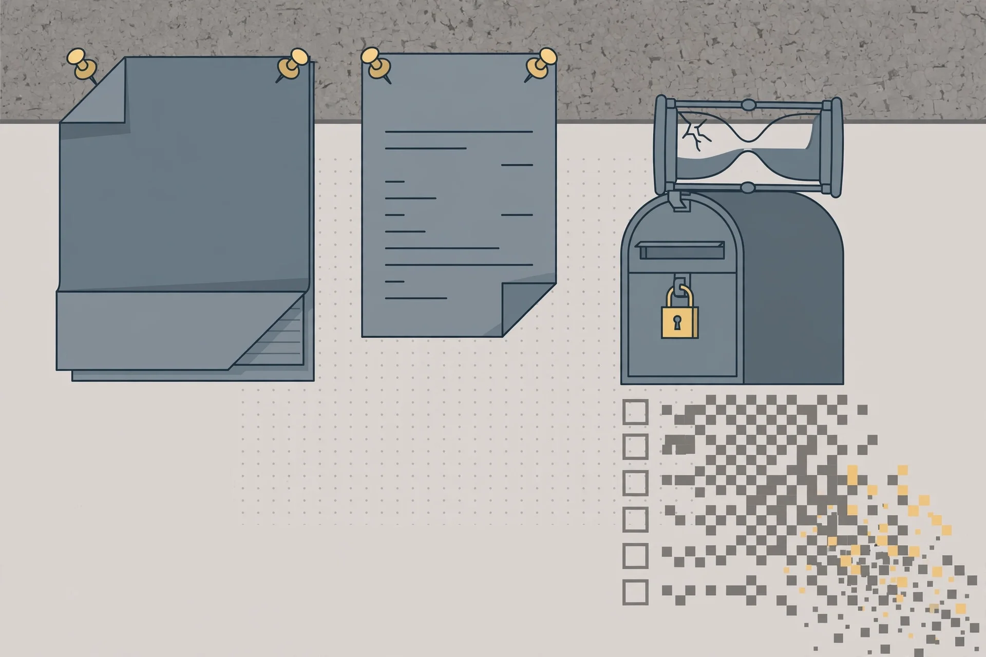 Wedding contract and payment receipt pinned beside a padlocked dead mailbox, with a vendor timeline dissolving into pixels