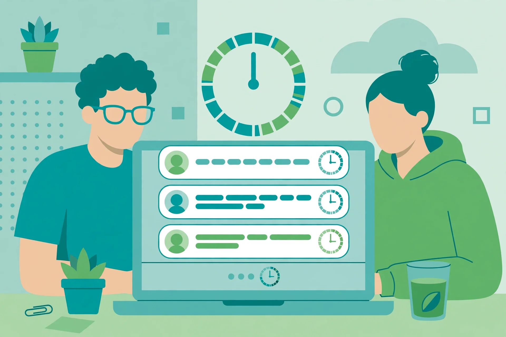 A shared team inbox on a laptop with customer chat threads and team members working together