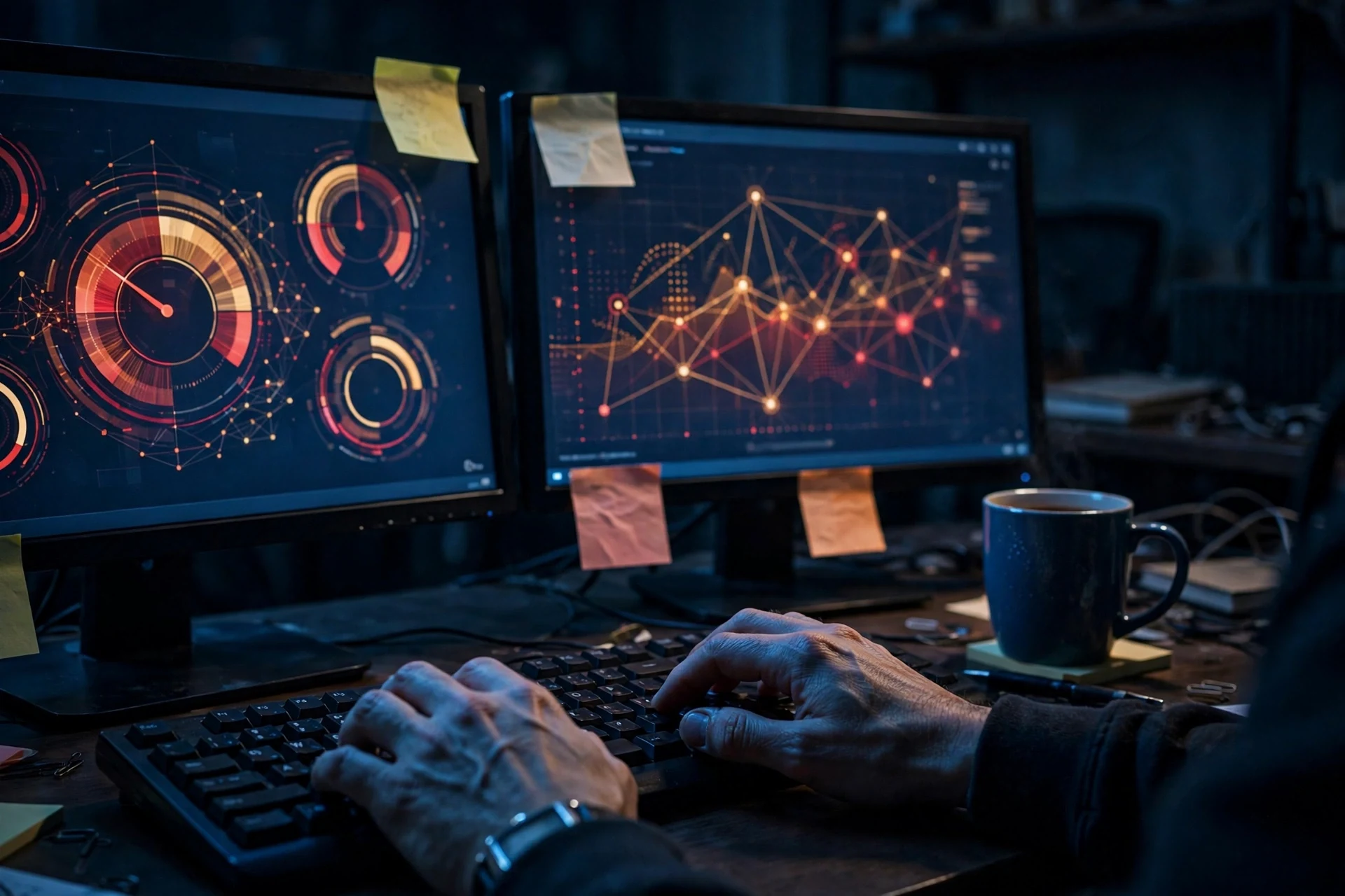 A fraud analyst workstation with risk-score dashboards flagging a suspicious email address