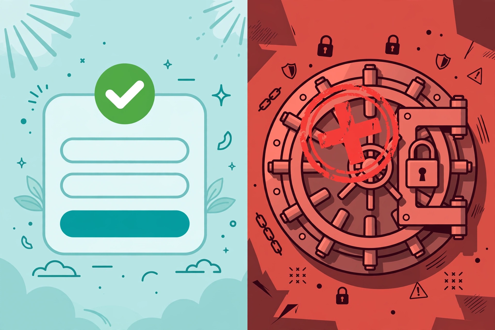 Split illustration showing sites that accept temp emails versus sites like banks that always reject them
