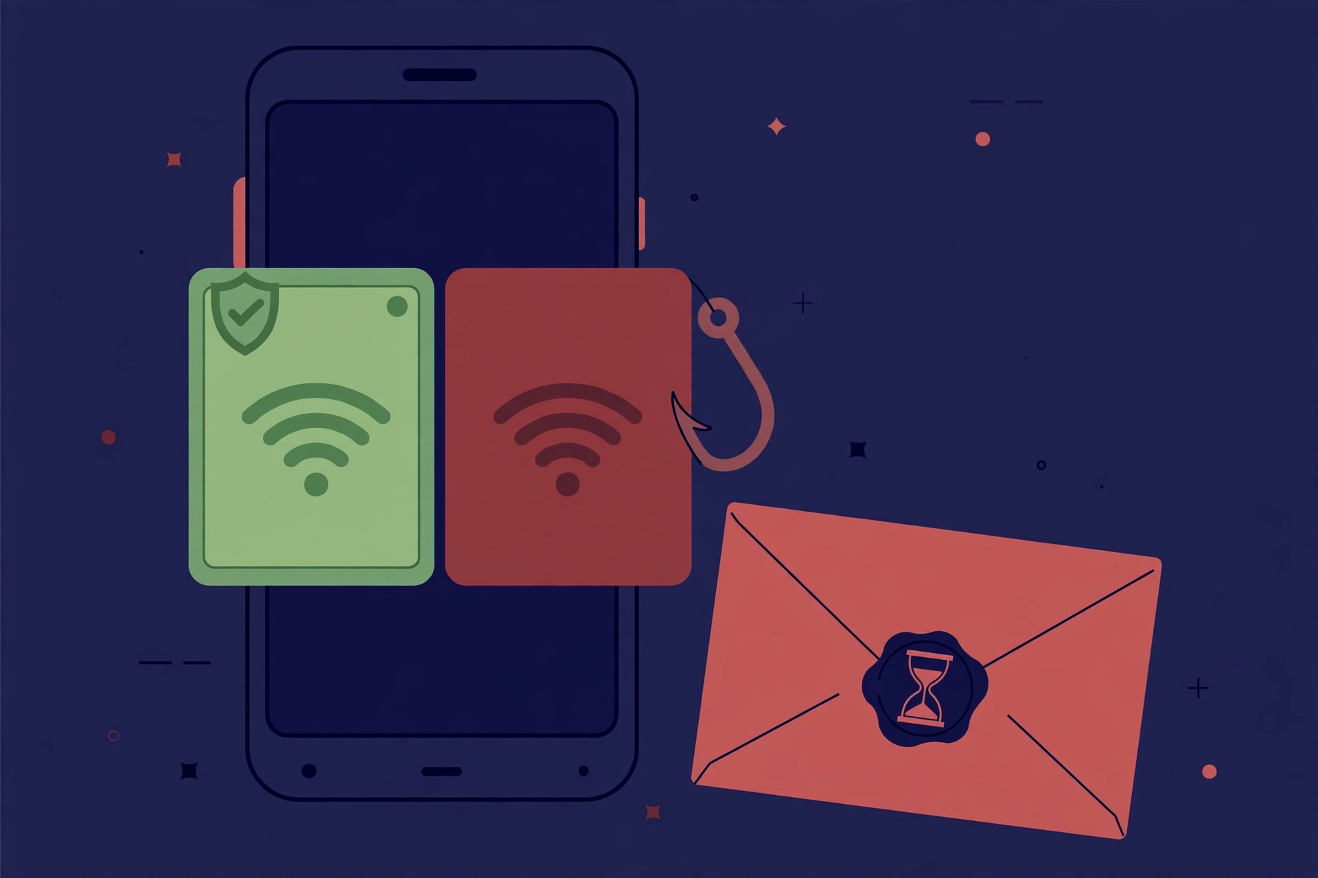 Smartphone showing two identical hotel WiFi networks, one safe and one a hidden evil-twin trap, beside a disposable email envelope