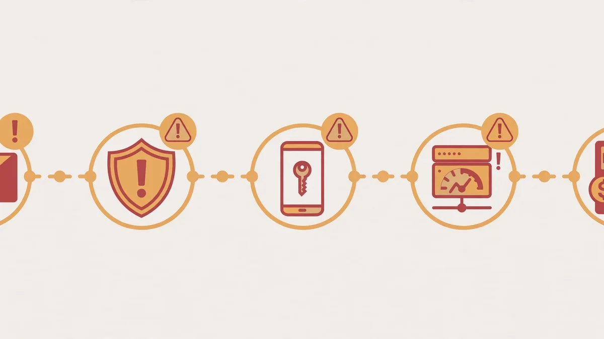 Five warning markers along a timeline of a hosting account, from password reset to billing, where a temporary inbox fails